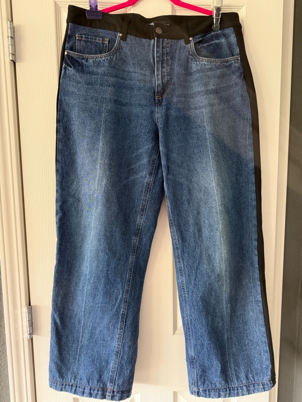 Wide Leg Blue Jeans with Black Side Panels